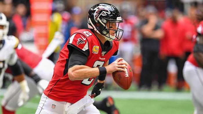 Falcons quarterback Matt Ryan rushes against the Los Angeles Rams.